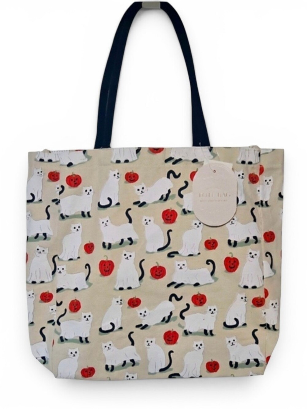 Casey Krimmel Cat Ghost and Pumpkin Canvas Halloween Tote Bag